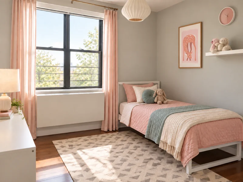 Bedroom with pink curtains and a patterned rug