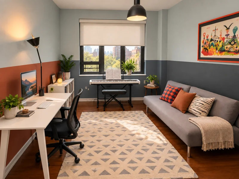 Living room with a workspace and patterned rug